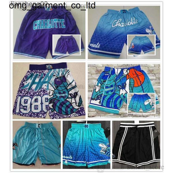 Shorts masculinos 2024 CharlotteHornetsMen Retro Basketball Shorts com bolsos Zipper Sweatpants Game Pants Larry Johnson Alonzo Mourning LaMelo Ball Shorts