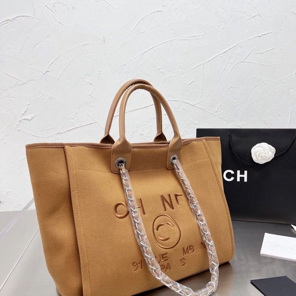 Модный бренд Пляжные сумки Chan Дизайнерская сумка Женская сумка для покупок Высочайшее качество Вышитая льняная холщовая сумка Большая вместительная Роскошная ручная сумка на цепочке