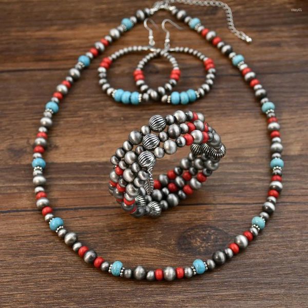 Halskette-Ohrringe-Set, Vintage-Stil, Grau-Perlen-Perlen-Choker, Mode-Western-Schmuck, Perlen-geschichtete Schlüsselbeinkette