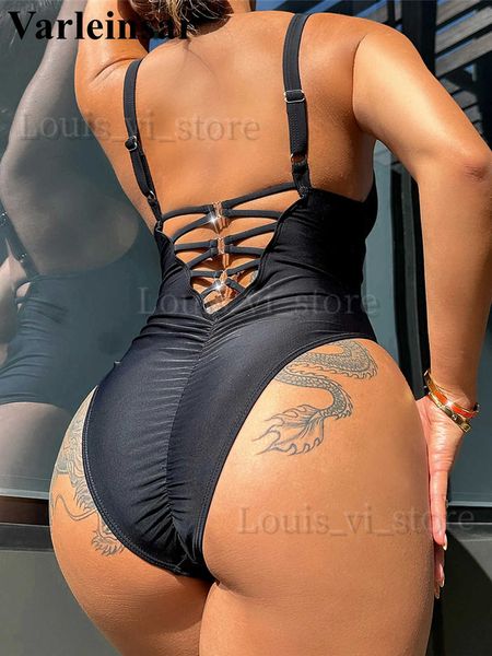 Mulheres Swimwear New Sexy Profundo Decote Em V Scrunch Butt Mulheres Swimwear Um Pedaço Maiô Feminino Alto Perna Corte Monokini Banheira Terno Nadar V4971 T240227