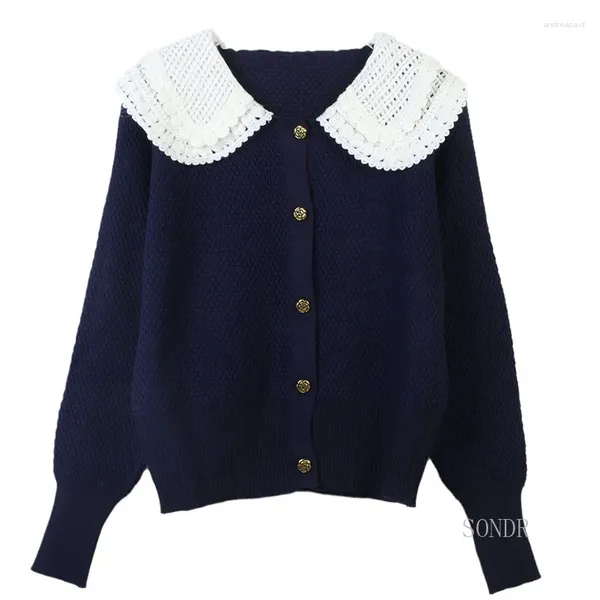 Malhas femininas azul marinho cardigan com crochê lapela branca gola 2024 outono inverno camisola jaqueta bonito contraste de malha