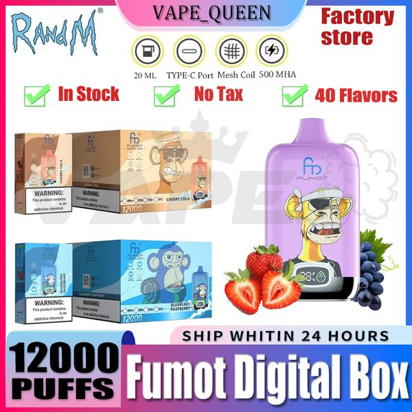 Original RandM Fumot Digital Box 12000 Puffs Randm 12000 Einweg-Puff 12K 850 mAh Typ-C-Aufladung 20 ml mit Batterie und E-Juice-Display 40 Geschmacksrichtungen 0 % 2 % 5 % E-Zigaretten-Kit