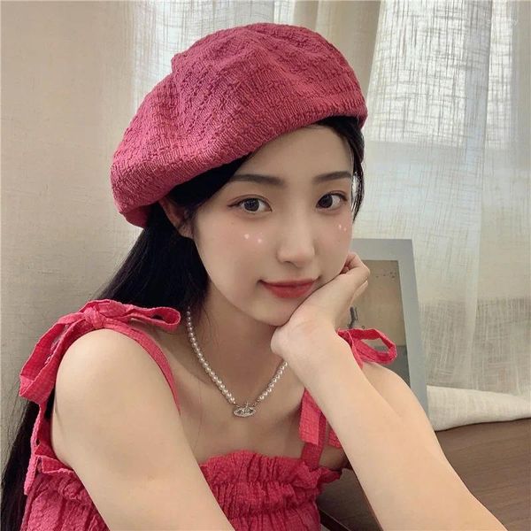 Berets rosa vermelho simples 2024 primavera e verão fino respirável versátil doce moda pintor chapéu coreano bonito chapéus femininos