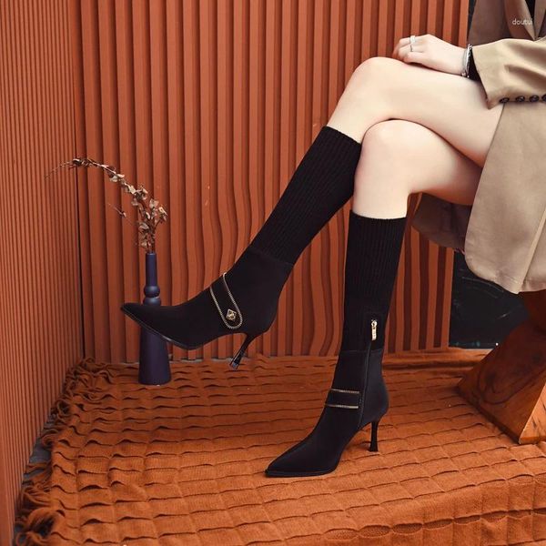 Stiefel Herbst Winter Lange Röhre Socken Schuhe Frauen Mode Leder Stiletto Gestrickte Knielangen Slip Auf High Heels Botas De mujer