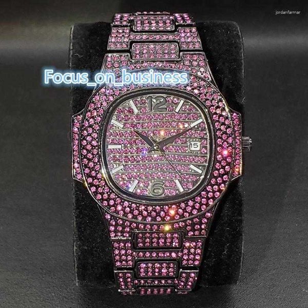 Relógios de pulso rosa ddiamond hip hop relógio para homens moda gelo fora festa jóias relógio de pulso luxo brilhante gem acessórios relógios na moda 202