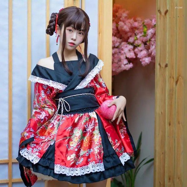 Ethnische Kleidung 2024 Japanischer Kimono Damen verbesserter traditioneller Mädchen Pografie Retrosleeves dunkelblauer Bademantel