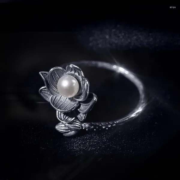 Кольца кластера Этнический стиль Ностальгия Цветок лотоса и стручок Трехмерное кольцо с имитацией жемчуга Нишевое высококачественное богемное открытое кольцо