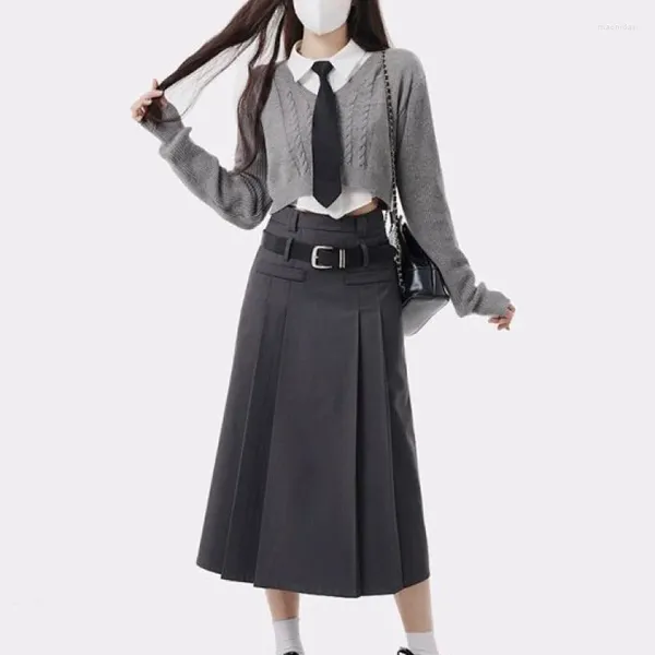 Vestidos de trabalho harajuku moda 3 peça conjunto mulher casual camisa curta camisola de malha cintura alta cinza midi saias estilo preppy terno 2024
