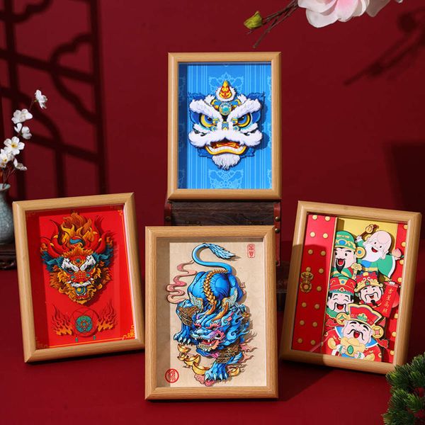 China-chique novo estilo chinês leão despertando corajoso no ano do loong moldura de madeira maciça plataforma 3d diy pintura decorativa ornamentos
