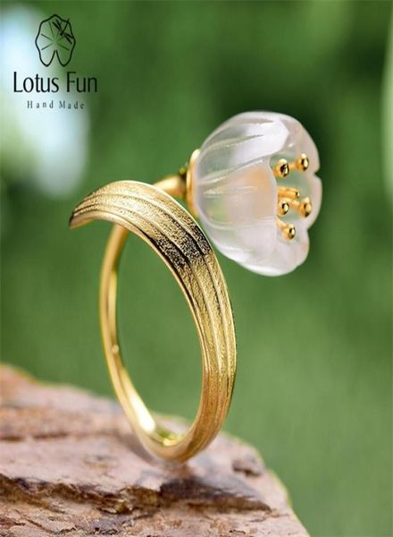 Lotus fun real 925 prata esterlina 18k anel de ouro cristal natural artesanal jóias finas lírio do vale flor anéis para mulher 25181551