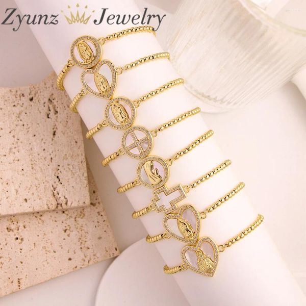 Link Pulseiras 10 PCS Cristal Zircão Mãe De Pérola Jesus Maria Charme Jóias Banhado A Ouro Grânulos Moda Ajustável