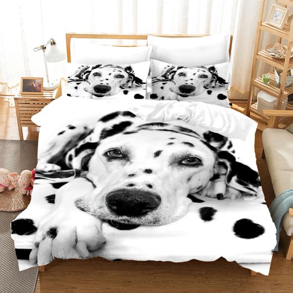 Sets schöner Hund Dalmatian Bettwäsche Set 3D Luxus Bettdecke Cover Sets Trösterbett Leinen König King Eins Größe Schwarzweißtier Haustier