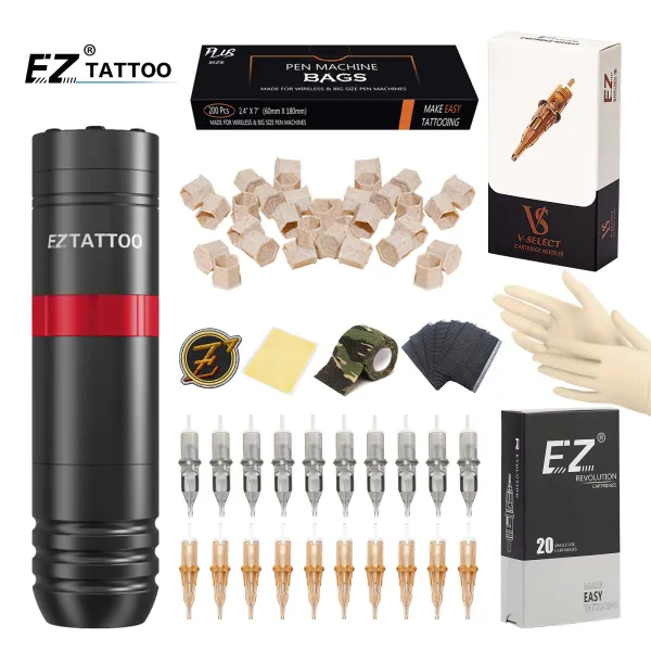 Macchina EZ Tattoo Kits Caster Cartuccia Wireless Tattoo Machine Pen con aghi da tatuaggio a cartuccia EZ EZ per trucco permanente per il tatuaggio