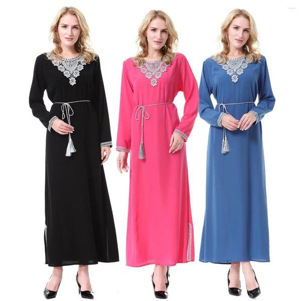 Ethnische Kleidung Frauen Eid Muslim Abaya Solide Arabische Applikationen Gürtel Lange Robe Wunderschönes Partykleid Marokko Ramadan Abayas O-Ausschnitt Dubai Kaftan