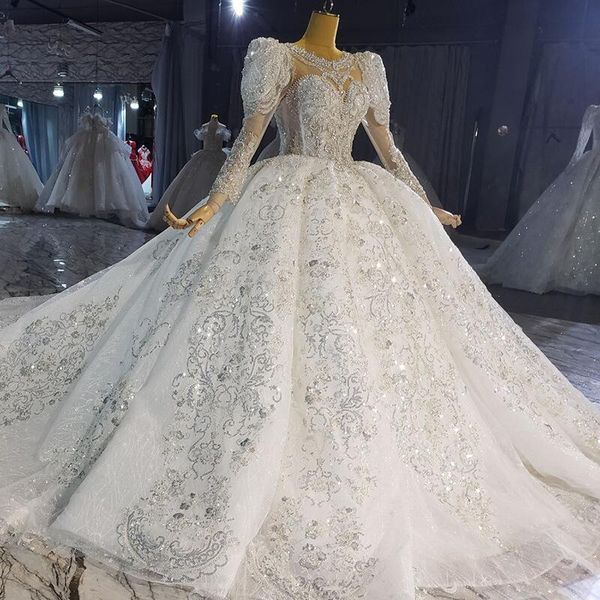 Современное свадебное платье трапециевидной формы с блестящими бусинами, жемчужное 3D-кружевное бальное платье плюс размер, свадебные платья со шлейфом, платье Vestido De Novia, размер, цвет, индивидуальный заказ