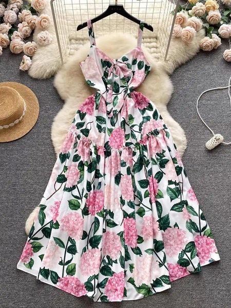 Casual Kleider Sommer Runway Urlaub Blume Banane Gedruckt Bowknot Kleid Frauen Spaghetti Strap Backless Reißverschluss Strand Lange Party Vestidos