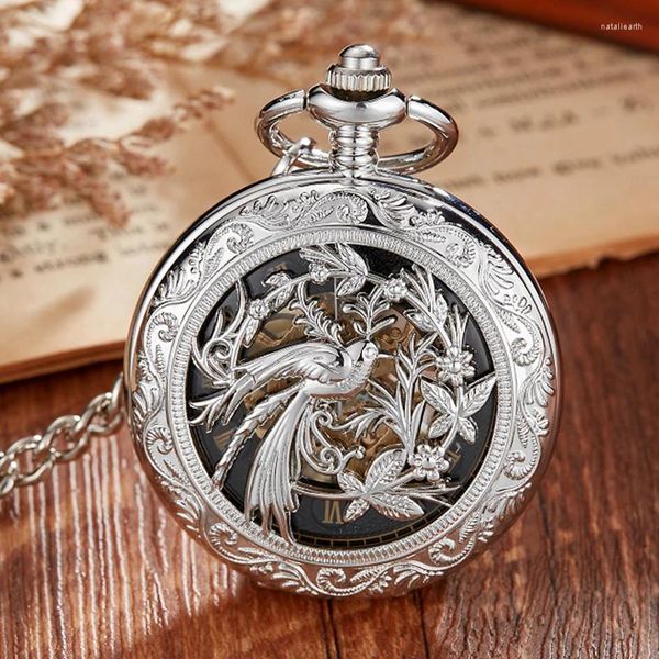 Orologi da tasca Hollow Phoenix Display Mezzo orologio meccanico Fantastico ciondolo antico Meccanismo manuale Orologio regalo Uomo