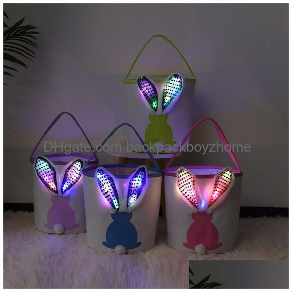 Outras fontes festivas do partido LED piscando luz lantejoulas coelhinho Páscoa cesta bolsa sacos coelho ovo caça lona balde de algodão tote wi dhu42