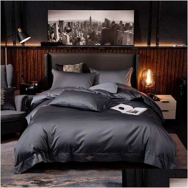 Conjuntos de edredons Home Têxteis Conjunto de cama de algodão egípcio Cores puras Bordado Cama Duveta Er Folha High End Premium King Queen Size Dhwkb