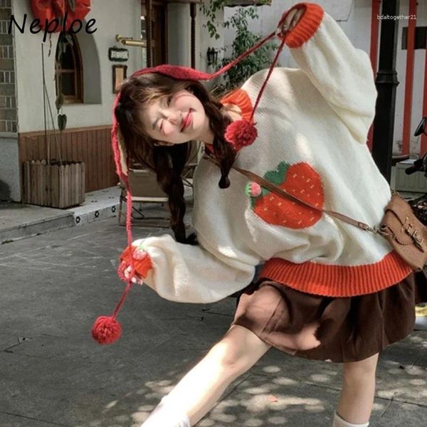 Женские свитера Neploe, корейские милые 3d клубничные осенние свободные пуловеры с круглым вырезом 2024, Y2k E-Girl, вязаные топы с длинными рукавами для женщин