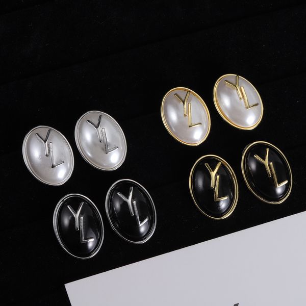 Designer mulheres brincos de ouro elíptico pérola studs senhoras elegante carta brincos de prata dourada brincos de argola com caixa de jóias presente de casamento