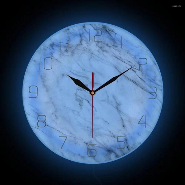 Orologi da parete Orologio stampato dal design moderno in marmo bianco grigio con retroilluminazione a LED per soggiorno, arte minimalista, luminoso