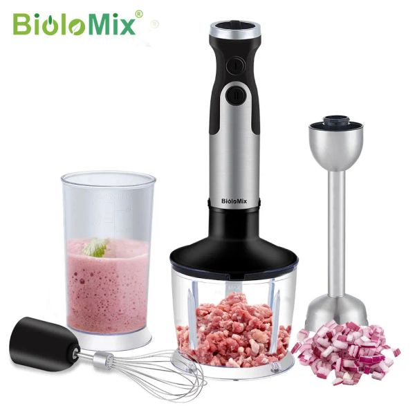 Processori Biolomix Frullatore manuale 4 in 1 Frullatore a immersione da 1200 W Robot da cucina 6 velocità di controllo, tritatutto da 800 ml, frusta, bicchiere da 600 ml