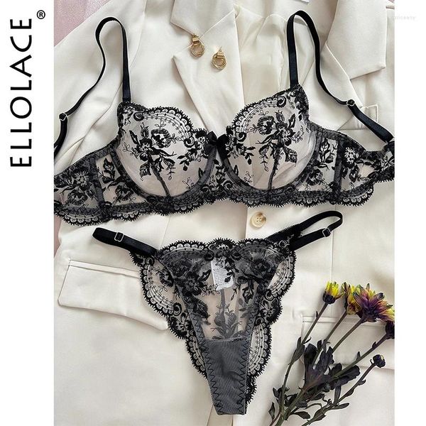 BHs Sets Ellolace Fancy Dessous Spitze Stickerei Fee Nahtlose Tüll Unterwäsche Durchsichtig Exotische Blumen Schöne Bilizna Set