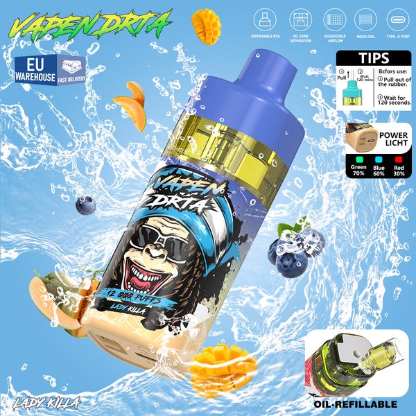 Magazzino Europa Vapen DRTA Mega Bar Tornado KING 12000 PUFFS Kit dispositivo Vape monouso E sigaretta Vaper 12K Controllo del flusso d'aria della bobina a rete Puff Shisha soffio ricaricabile