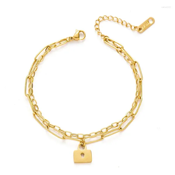 Link pulseiras design feminino jóias bloqueio pingente correntes cadeado pulseira paperclip dupla corrente mão delicada acessórios de aço inoxidável