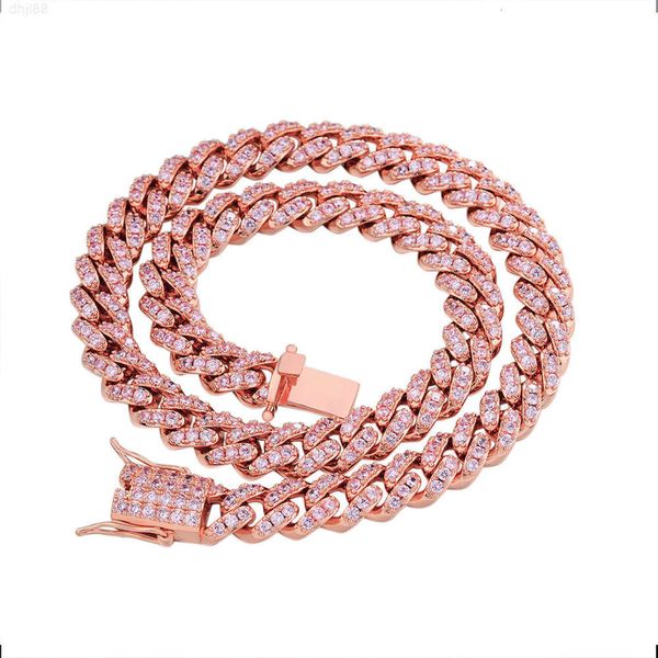 Heißer Verkauf hochwertiger Diamant 10 mm Breite Cz 18 Karat Roségold Kristall Pink Icy Cuban Link Halsketten für Frauen