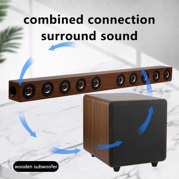 Soundbar 40W TV de madeira SoundBar Bluetooth Alto-falante Sistema de home theater 3D Surround Sound Bar Subwoofer Áudio Controle Remoto Montável na parede