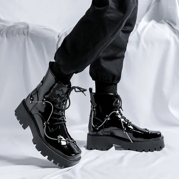 Botlar Erkekler Lüks Moda Patent Deri Marka Tasarımcı Ayakkabı Partisi Gece Kulübü Elbise Platformu Tıknaz Boot Yüksek Motosiklet Botaları