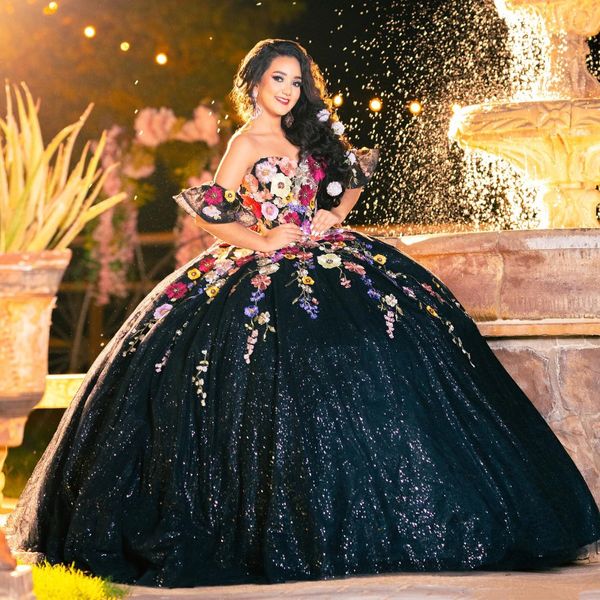 Abito da ballo con paillettes glitter nero Abiti stile Quinceanera con spalle scoperte Corsetto in pizzo applique Abito dolce 16 Abiti da 15 anos