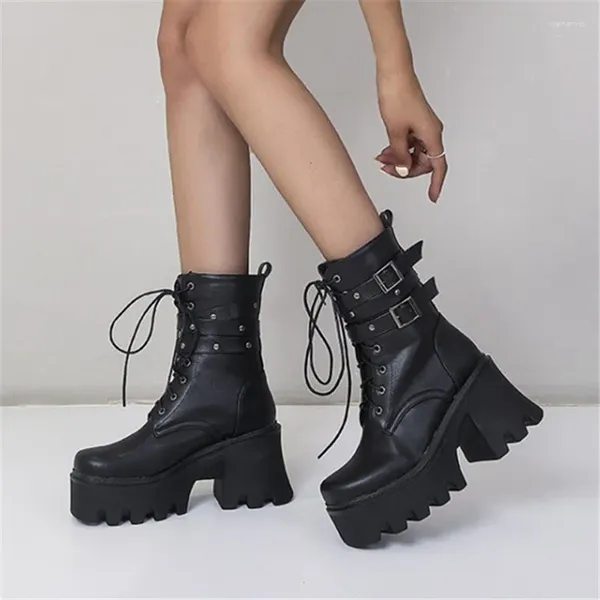 Stiefel PXELENA JK Cosplay Nietenschnalle Frauen Kampfplattform Knöchel Chunky High Heels Winterschuhe Plus Größe 34-43 Creepers Damen