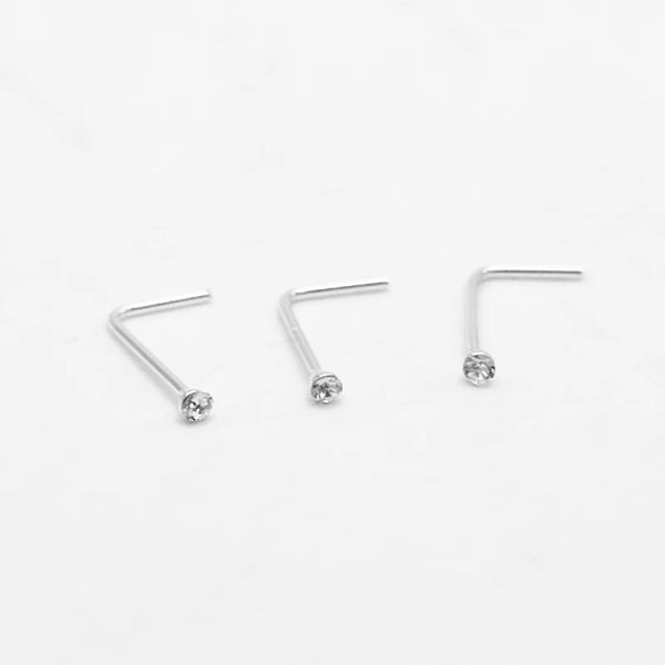 Jóias 20 pçs/lote 1mm cristal claro nariz anéis studs 925 prata esterlina 24g l forma nariz nostrial piercing nez para mulher