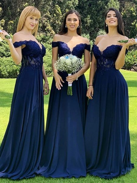 Abiti da damigella d'onore in chiffon di pizzo blu navy con spalle scoperte, perline, abiti da ballo, abiti da sera formali per la laurea