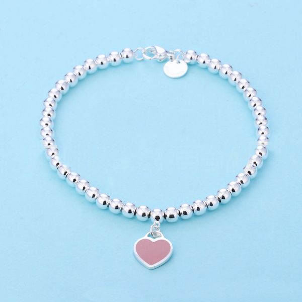 Bracciale con ciondolo a forma di cuore con perline da 4 mm per donne ragazze adorabile carino S925 argento con perline gioielli di design di lusso braccialetto braccialetti con ciondolo rosa blu