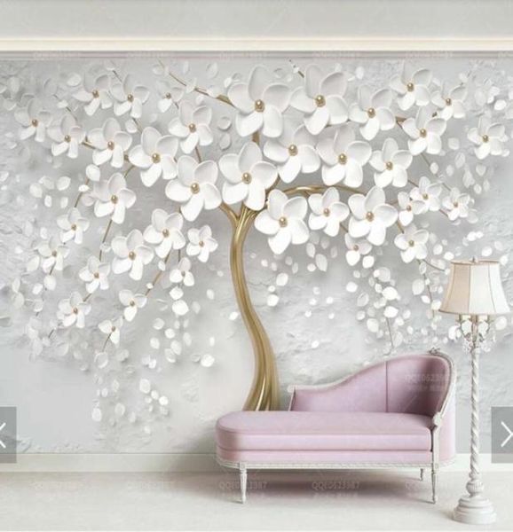 Wallpapers 3d em relevo flor branca papel de parede murais impressão po mural para sala de casamento decoração de parede moderna papel floral rolls5361405