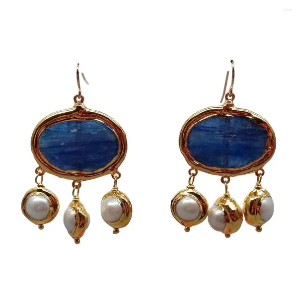 Brincos pendurados YYGEM Natural Oval Azul Kyanite Branco Redondo Pérola de Água Doce Ouro Cheio Gancho Geométrico Estilo de Luxo para Mulheres