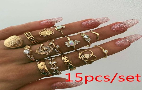 15 pçsset retro beleza avatar moeda de ouro cruz anel conjunto padrão amor fatima palma anel conjunto para women1332196