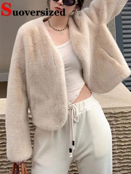 Pele feminina com decote em v quente curto falso jaquetas coreano imitar peles casacos outono inverno vison outerwear feminino grosso peludo chaqueta