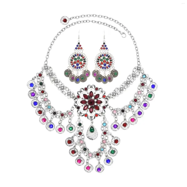 Kolye küpeleri Set renkli damla kristal çiçek paraları kadınlar için vintage bohem etnik çingene kabilesi beyanı Hindistan