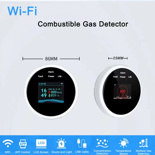Rilevatore Visualizza LCD Rilevatore di sicurezza antincendio Tuya Wifi Gas Perdita Sensore GLPG CH4 ALLARME ALLARE IN CHIEN IN SIRENA APP RICHIEDO CONTROLLO SICUREZZA SERVIZIO SMART SMART