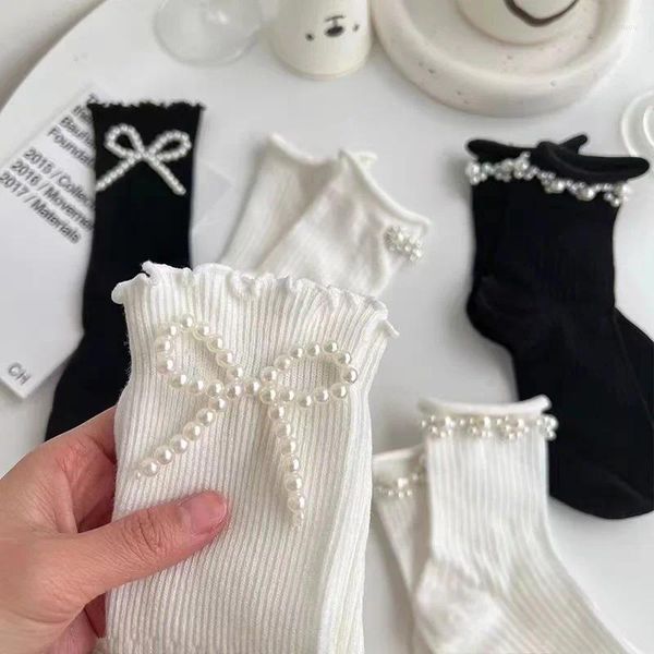 Calzini da donna in cotone femminile sottile carino dolce Kawaii Lolita Harajuku calze di perle estive calzino di pizzo bianco nero volant ragazze Sox