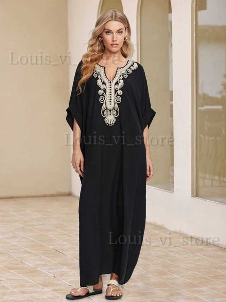 Abiti casual di base LORYLEI Abito caftano con maniche a pipistrello con scollo a V sexy ricamato nero per le donne 2024 Abiti maxi lounge classici estivi Q1631 T240227