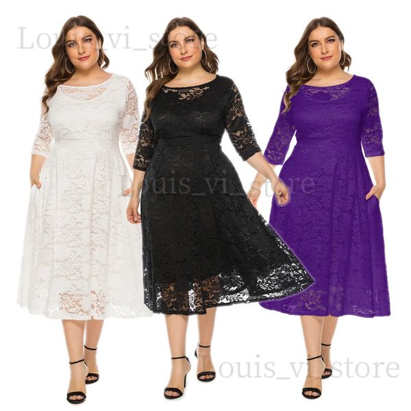 Vestidos casuais básicos verão elegante tamanho grande 5xl 6xl meia manga casual mulheres midi vestido renda primavera feminino plus size festa de casamento vestidos de noite t240227