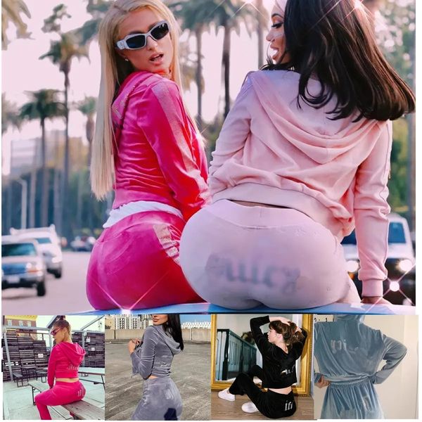 Designer suculento agasalho duas peças conjunto de veludo suculento terno feminino conjunto faixa terno veludo manga longa zíper coture sweatsuits ternos esportivos fino com capuz