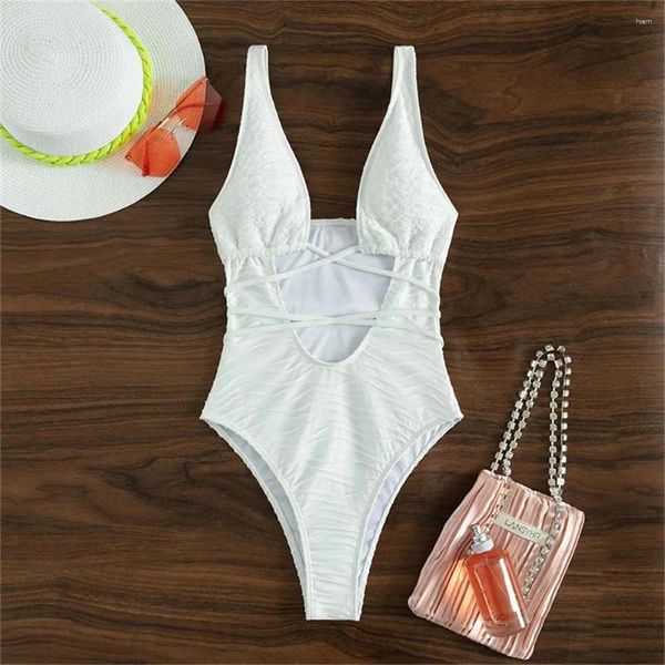 Roupa de banho feminina biquíni branco texturizado maiô profundo-v corte cruz bandagem cordas sexy roupa de praia monokini conjunto biquinis maiô