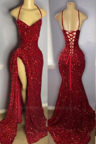 Brilho vermelho lantejoulas vestidos de baile sexy cintas de espaguete alta coxa dividir vestidos de noite com laços sem costas vestidos bc18190